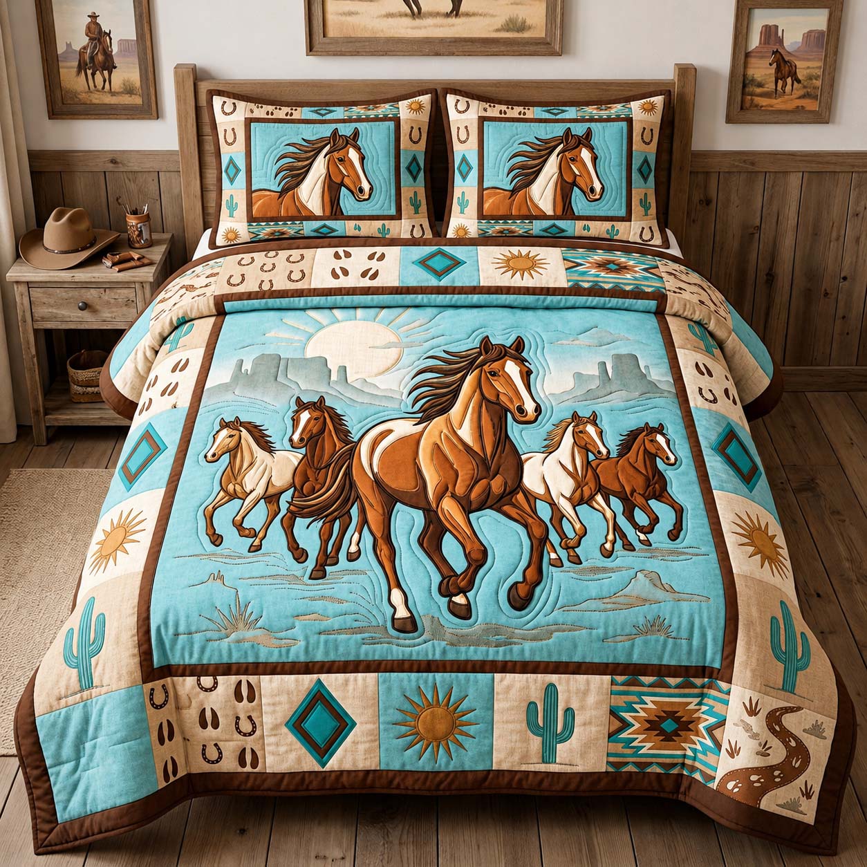 Turquoise Horse Run 3-Piece Quilted Bedding Set GDTONTD1234