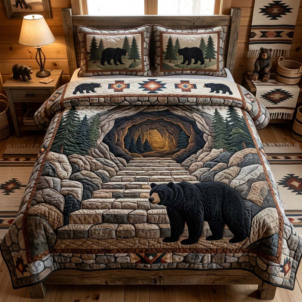 Stone Cave Bear 3-Piece Quilted Bedding Set GDTONTD1252