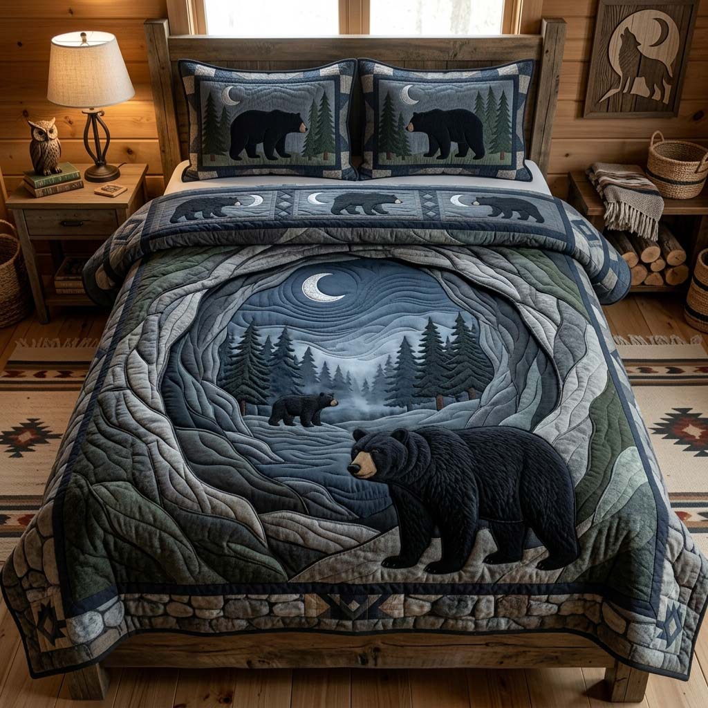 Midnight Bear Cave 3-Piece Quilted Bedding Set GDTONTD1254