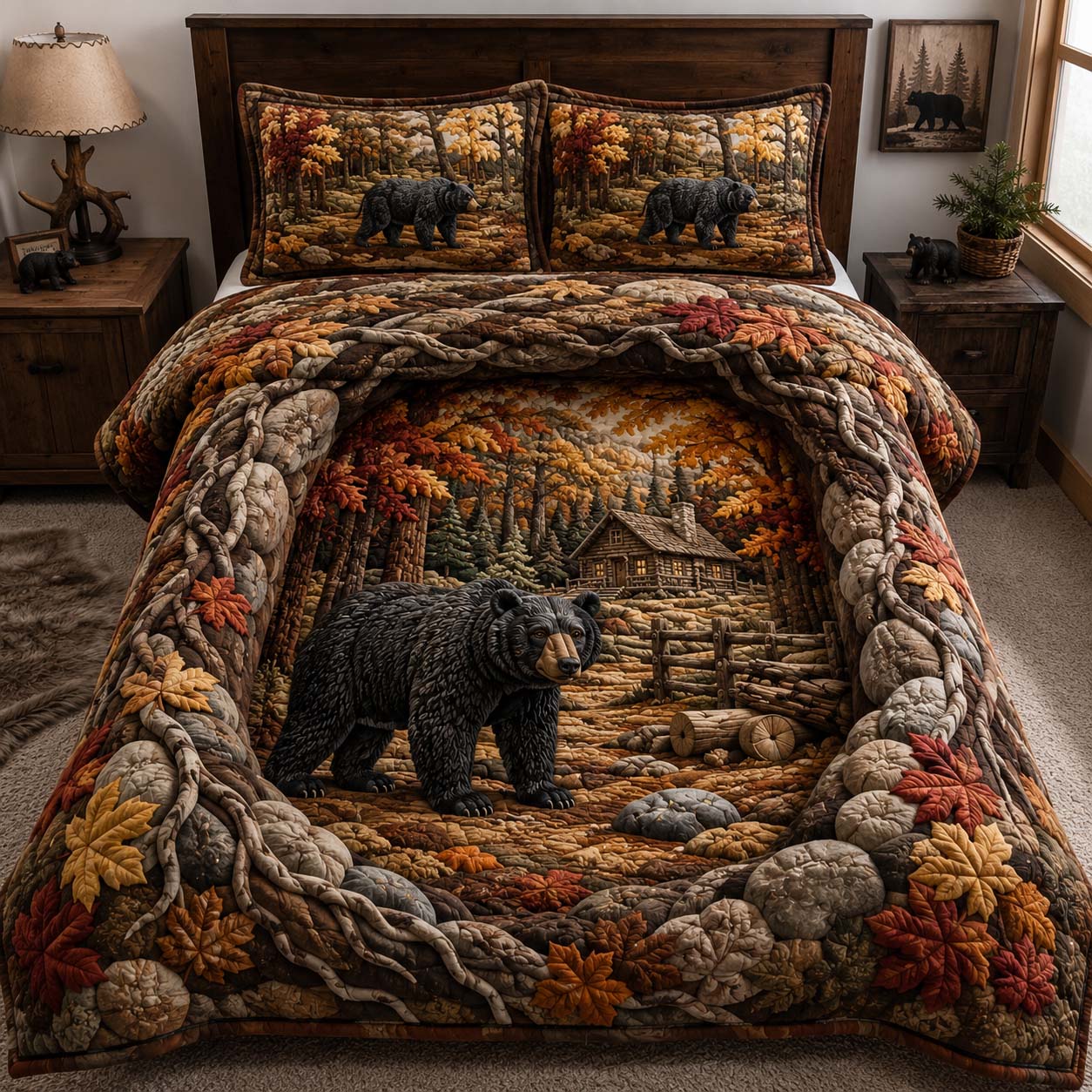 Autumn Bear Cabin 3-Piece Quilted Bedding Set GDTONTD1255