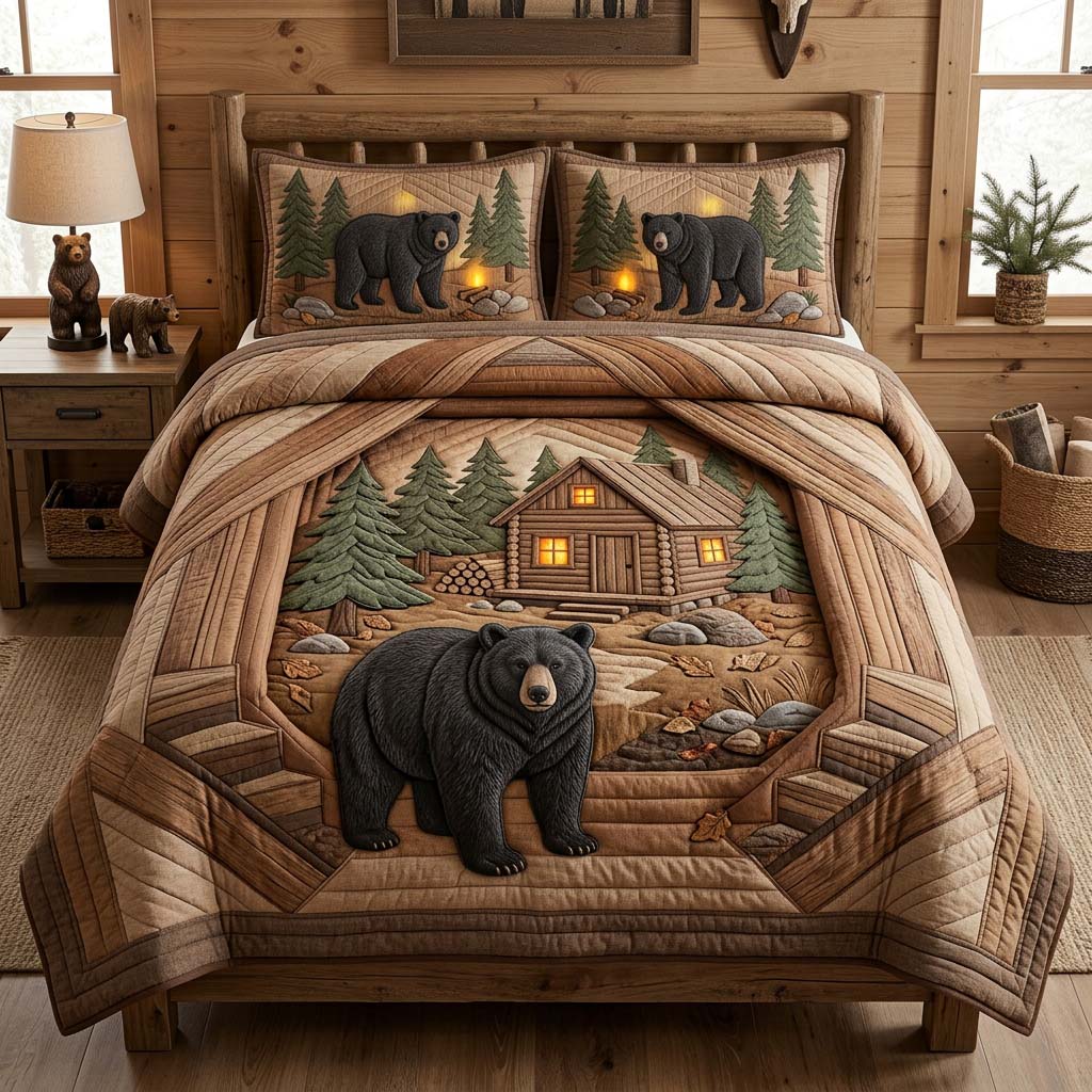 Cabin Bear Porch 3-Piece Quilted Bedding Set GDTONTD1257