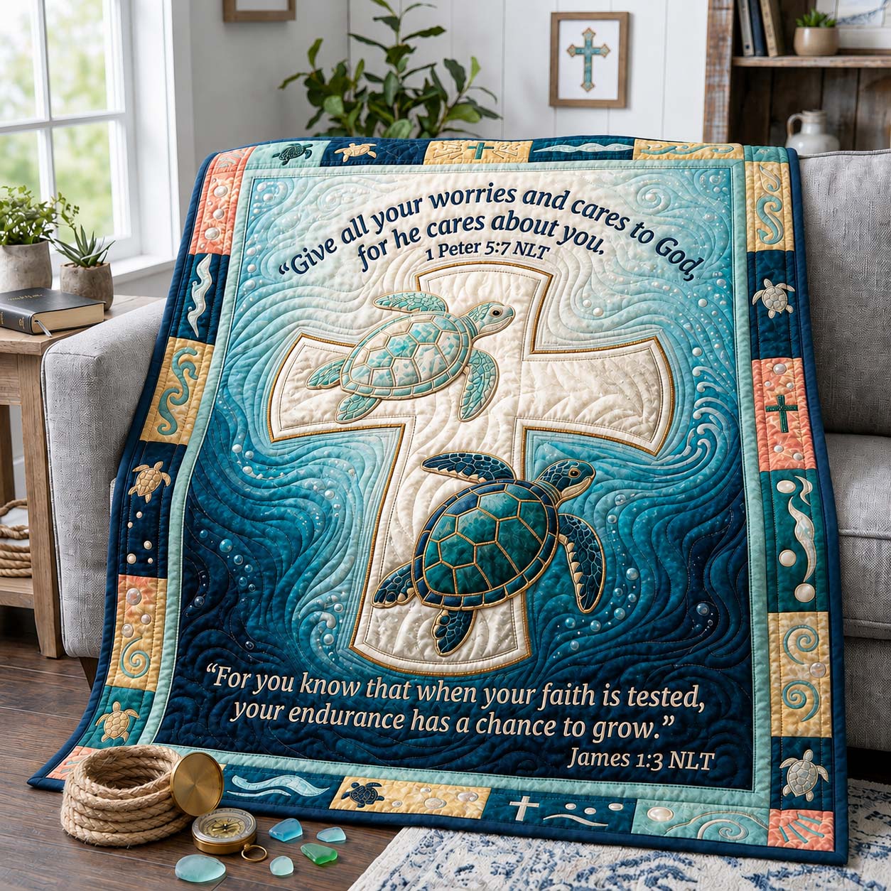 Cross Ocean Turtles Quilted Blanket GDTONTD1277