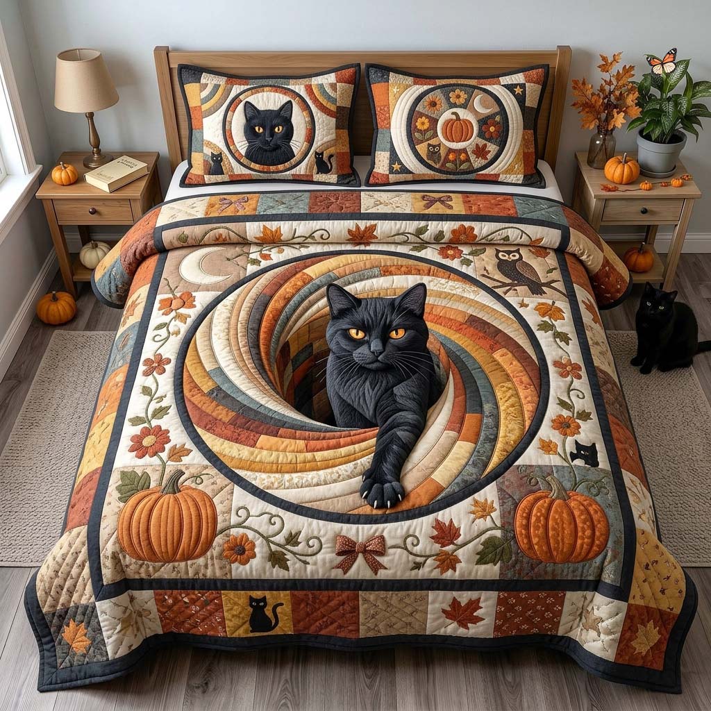 Autumn Cat Portal 3-Piece Quilted Bedding Set GDTONTD1369