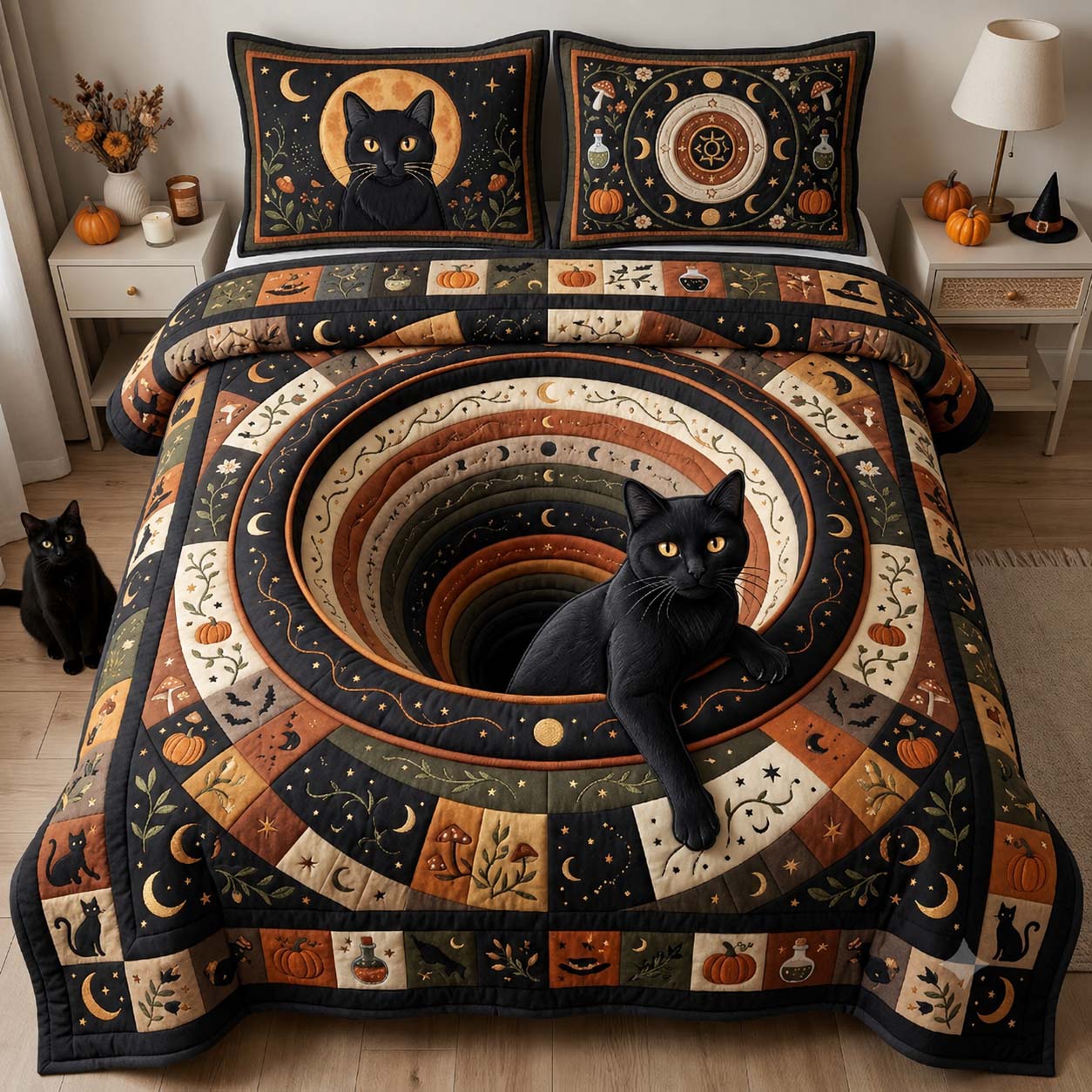 Moonlit Cat Well 3-Piece Quilted Bedding Set GDTONTD1373