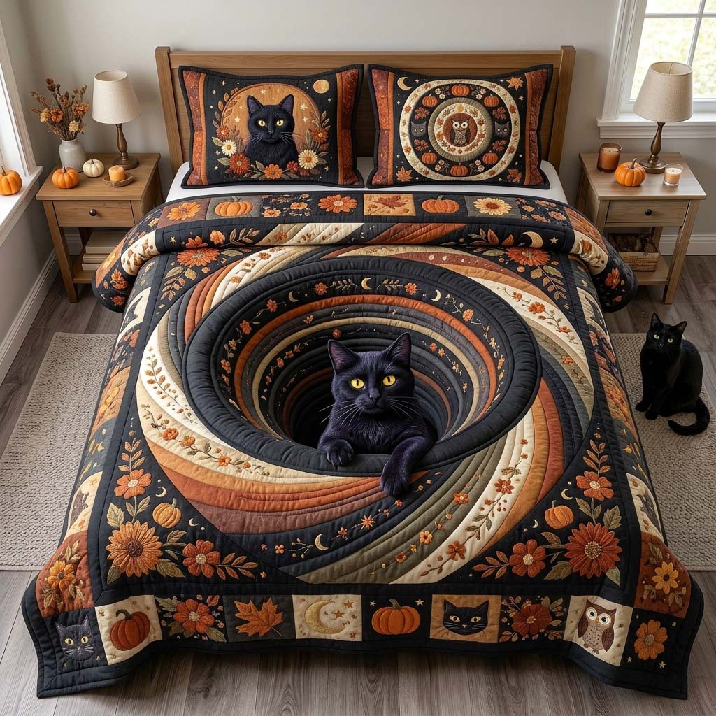 Harvest Cat Spiral 3-Piece Quilted Bedding Set GDTONTD1374
