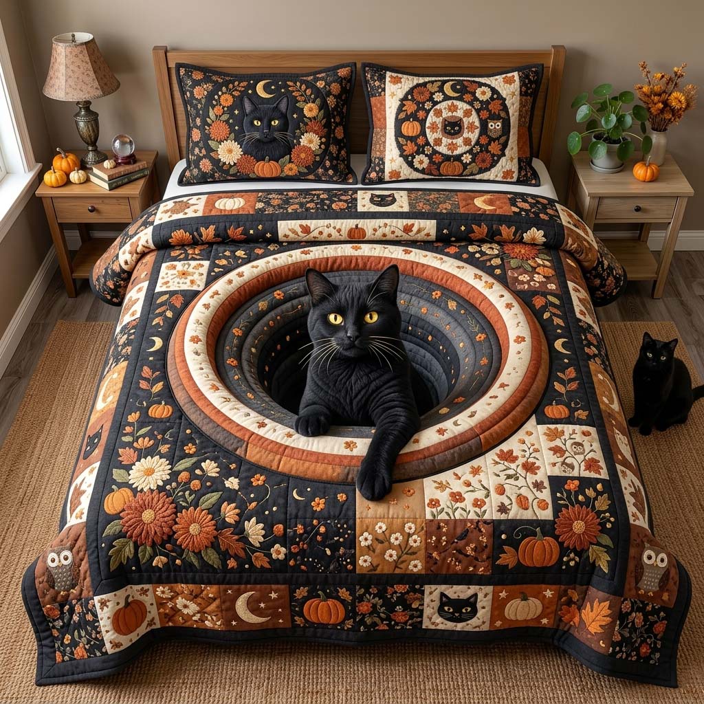 Sunflower Cat Hollow 3-Piece Quilted Bedding Set GDTONTD1375