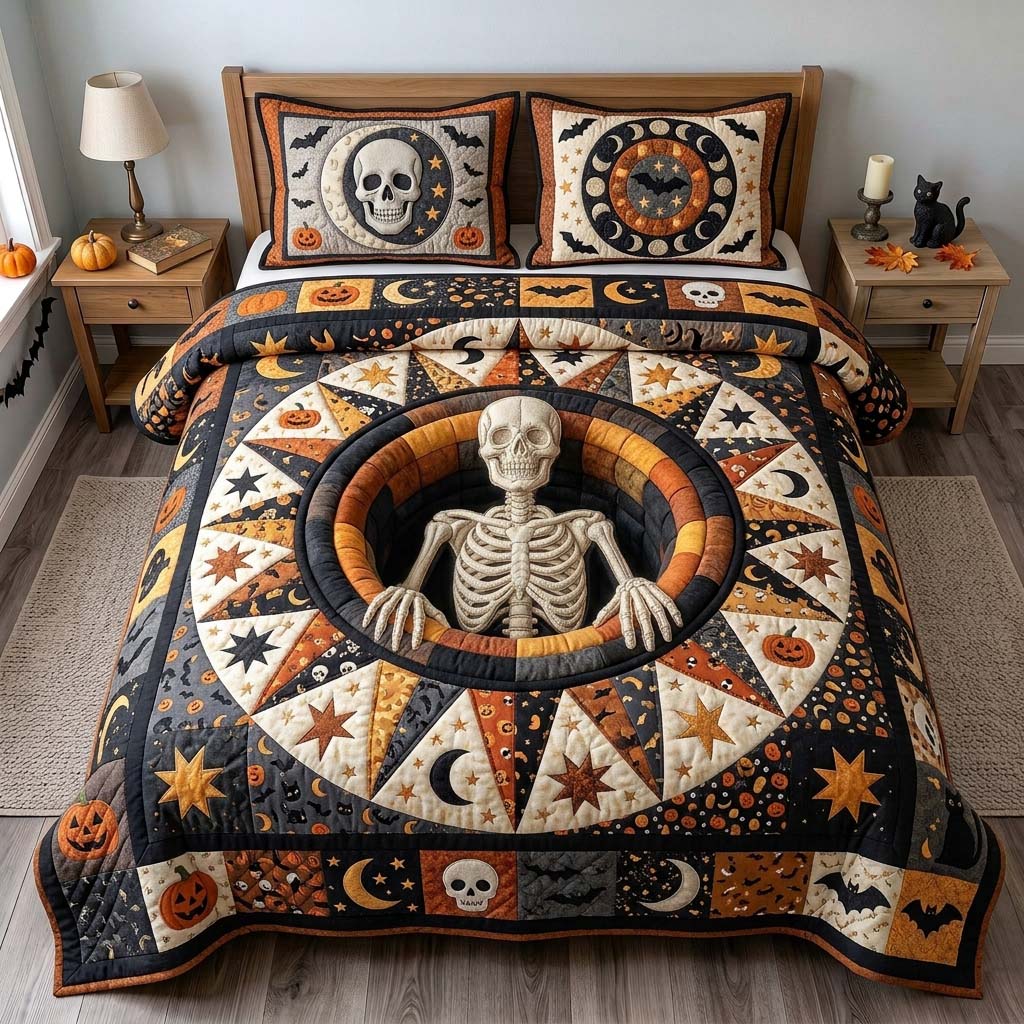 Sun Wheel Skeleton 3-Piece Quilted Bedding Set GDTONTD1381