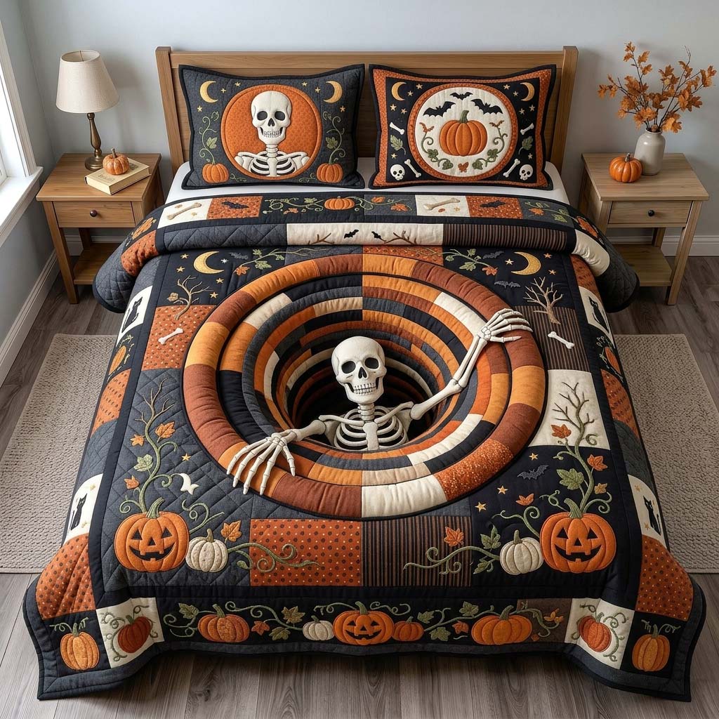 Pumpkin Skeleton 3-Piece Quilted Bedding Set GDTONTD1382