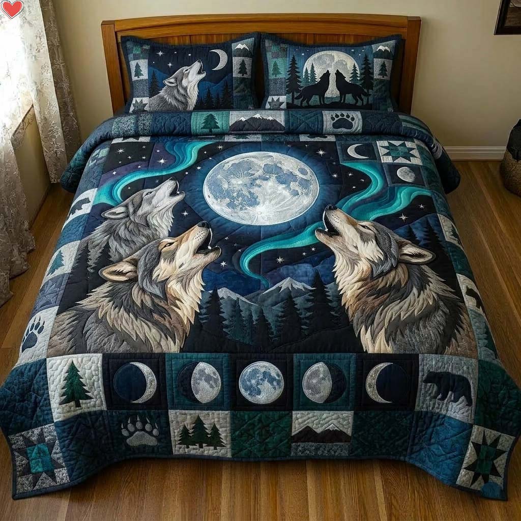 Moonlit Wolf 3-Piece Quilted Bedding Set GDTONTD305
