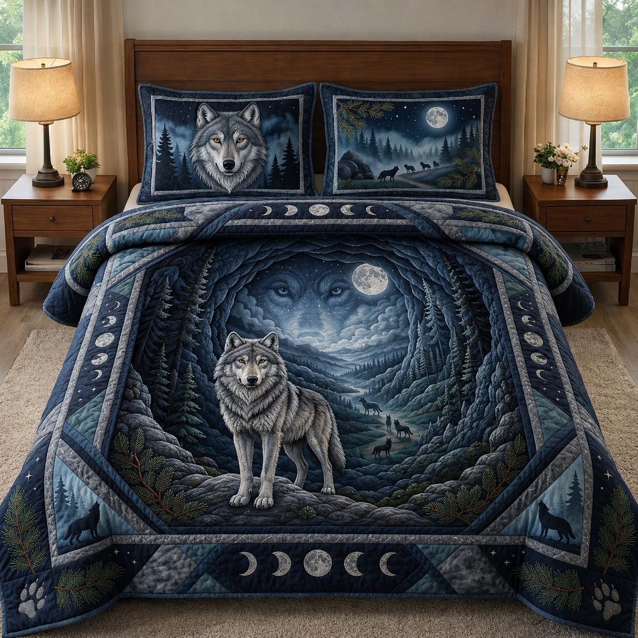 Teal Wolf 3-Piece Quilted Bedding Set GDTONTD309