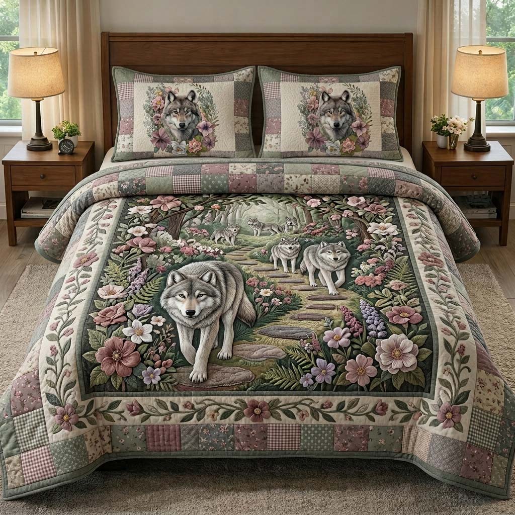 Pastel Wolf 3-Piece Quilted Bedding Set GDTONTD310