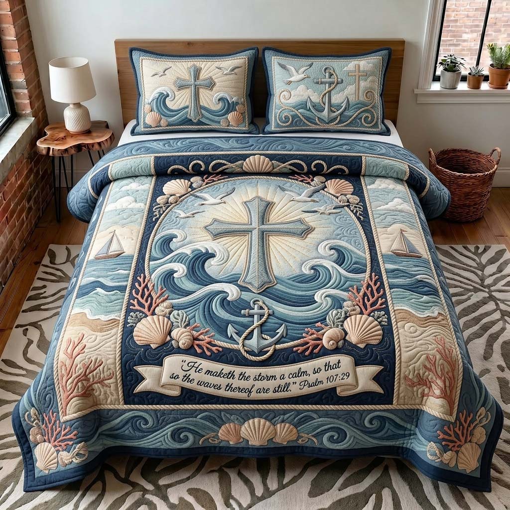 Anchor Cross 3-Piece Quilted Bedding Set GDTONTD460