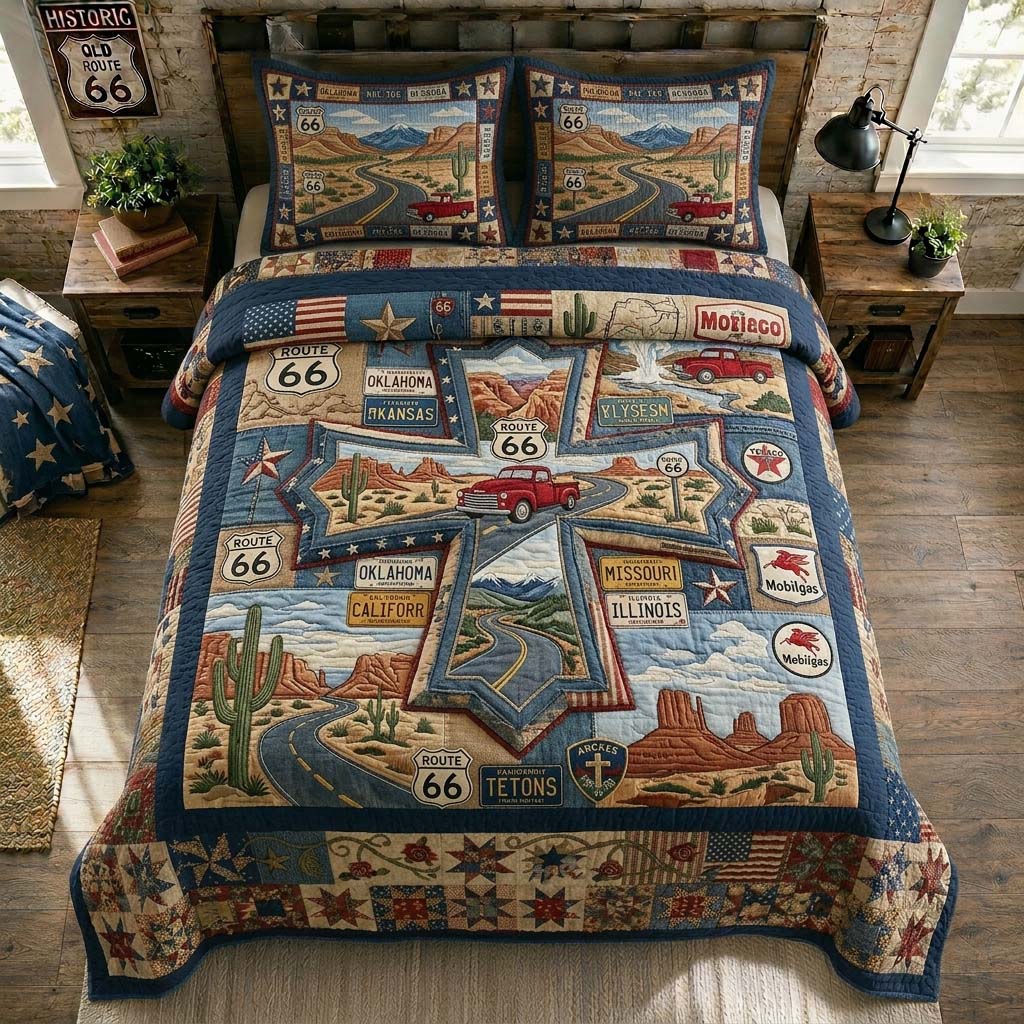 Vintage Route 66 3-Piece Quilted Bedding Set GDTONTD558