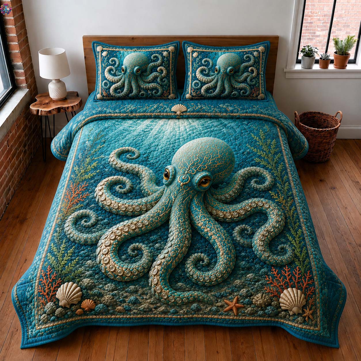 Golden Reef Octopus 3-Piece Quilted Bedding Set GDTONTD776