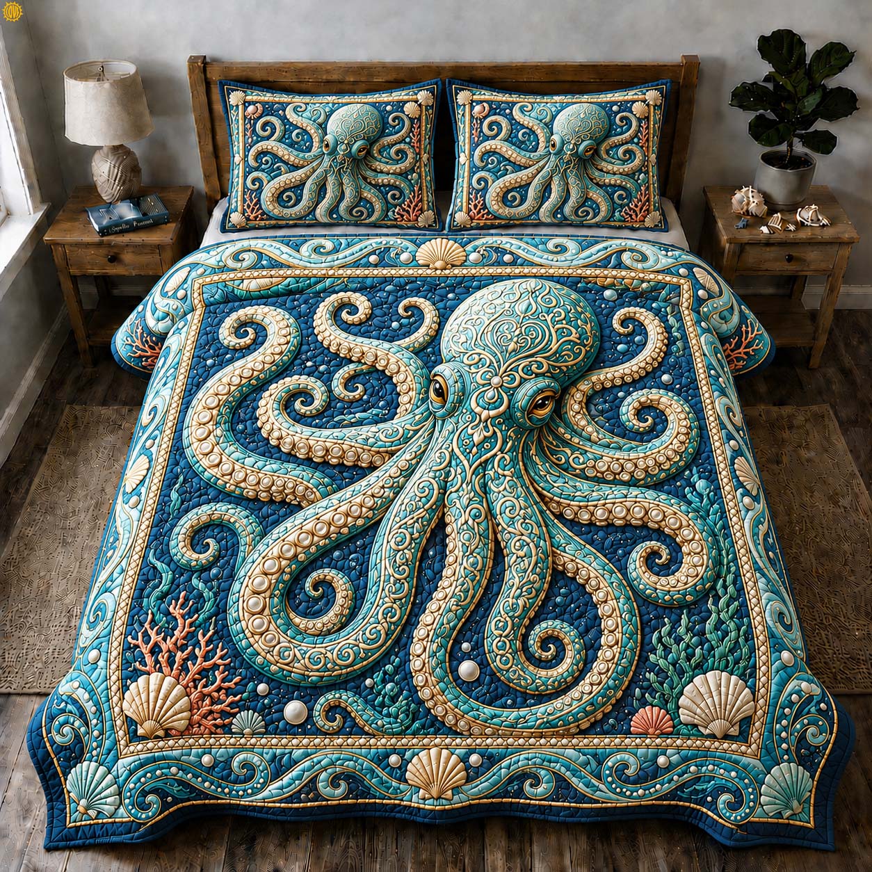 Royal Tide Octopus 3-Piece Quilted Bedding Set GDTONTD777