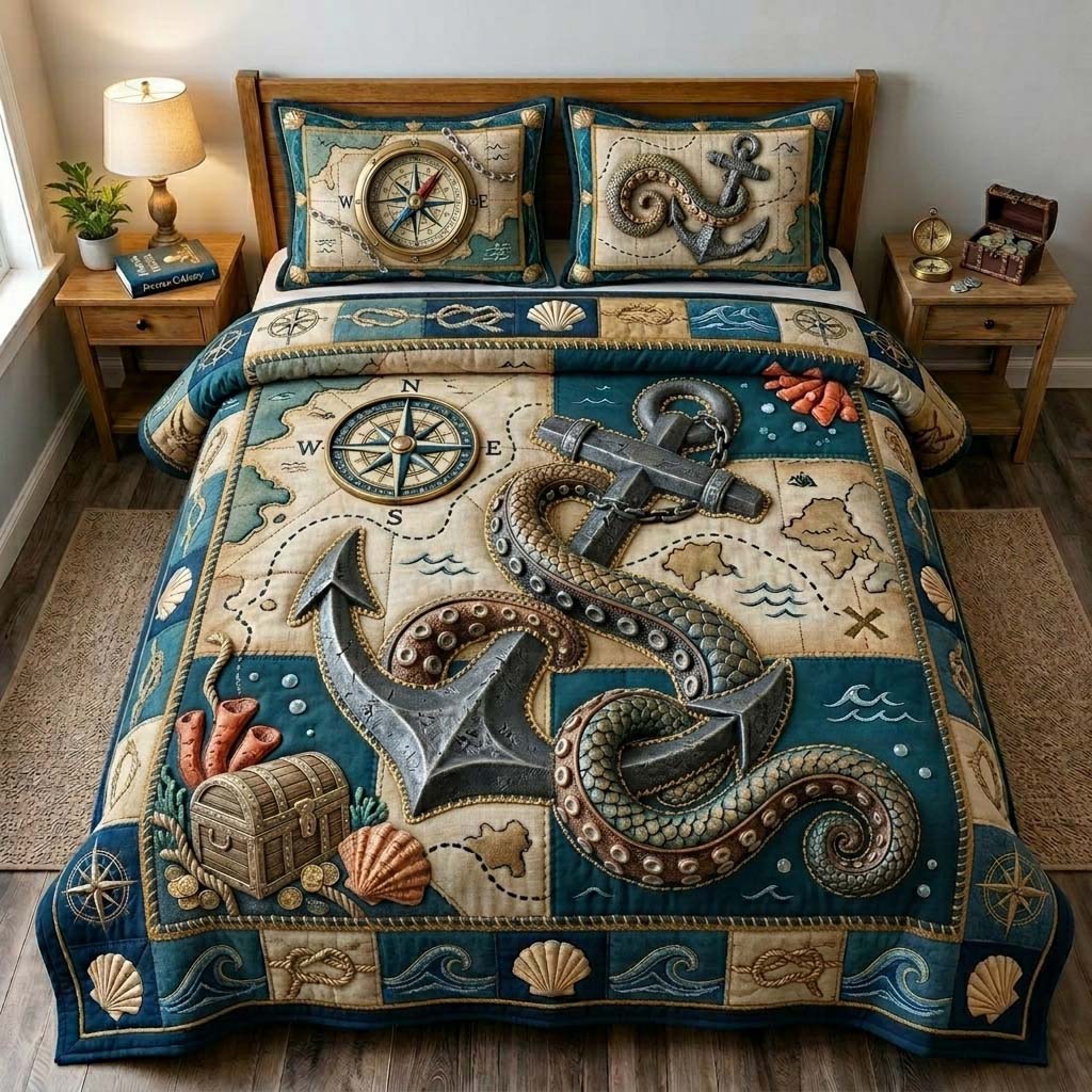 Treasure Map Kraken 3-Piece Quilted Bedding Set GDTONTD779