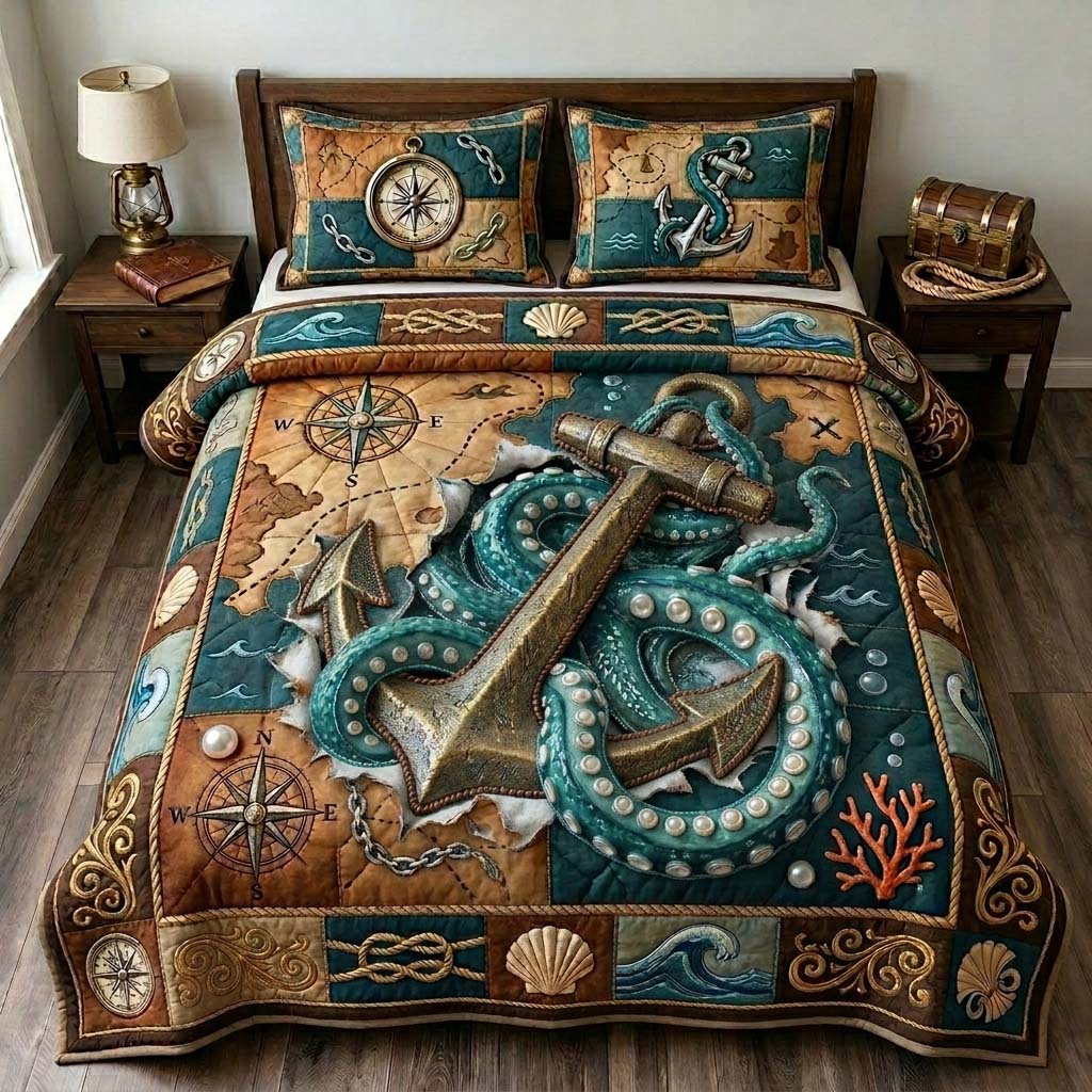 Pirate Anchor Kraken 3-Piece Quilted Bedding Set GDTONTD781