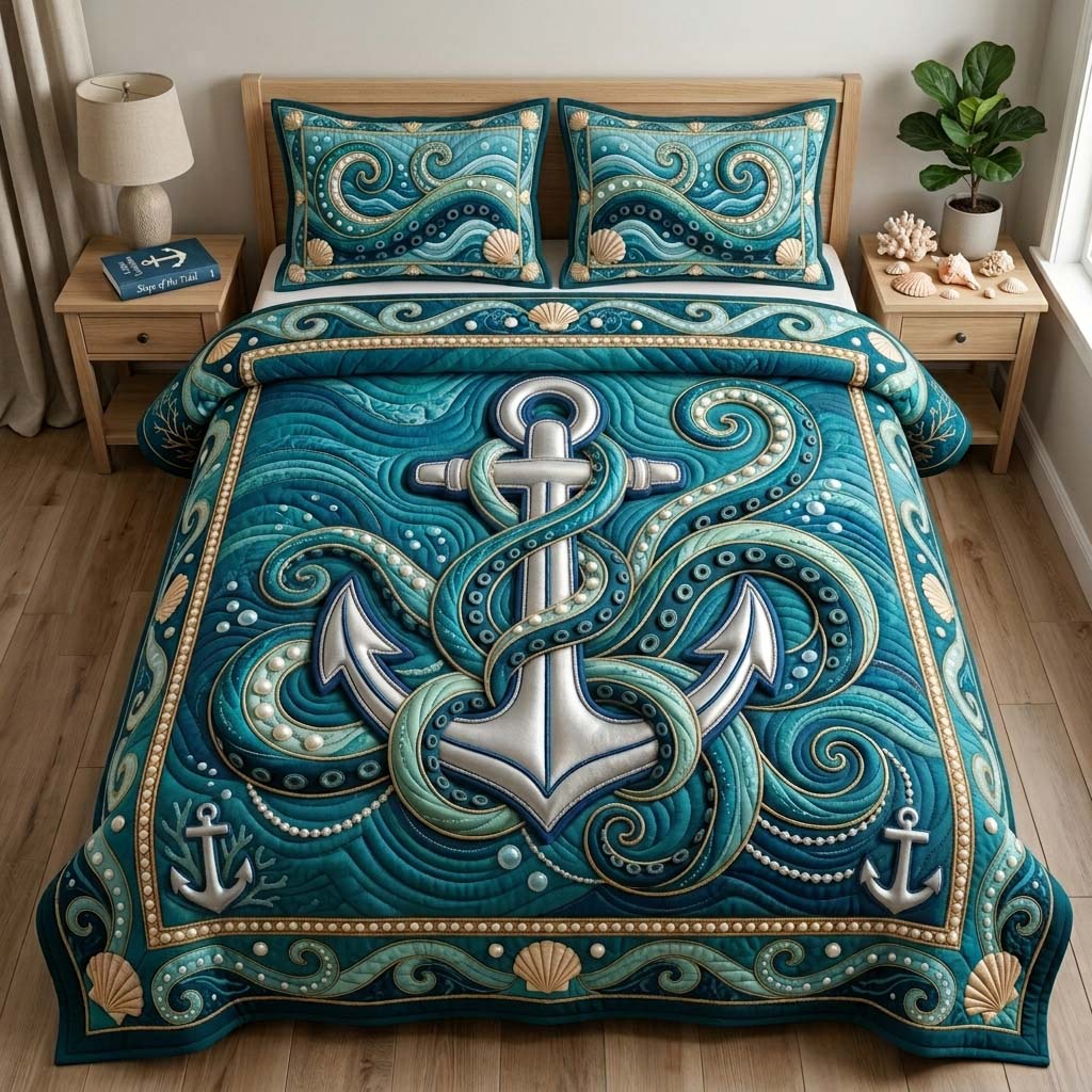 Pearl Anchor Tide 3-Piece Quilted Bedding Set GDTONTD782