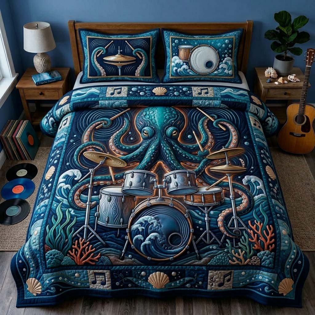 Midnight Kraken Beats 3-Piece Quilted Bedding Set GDTONTD785