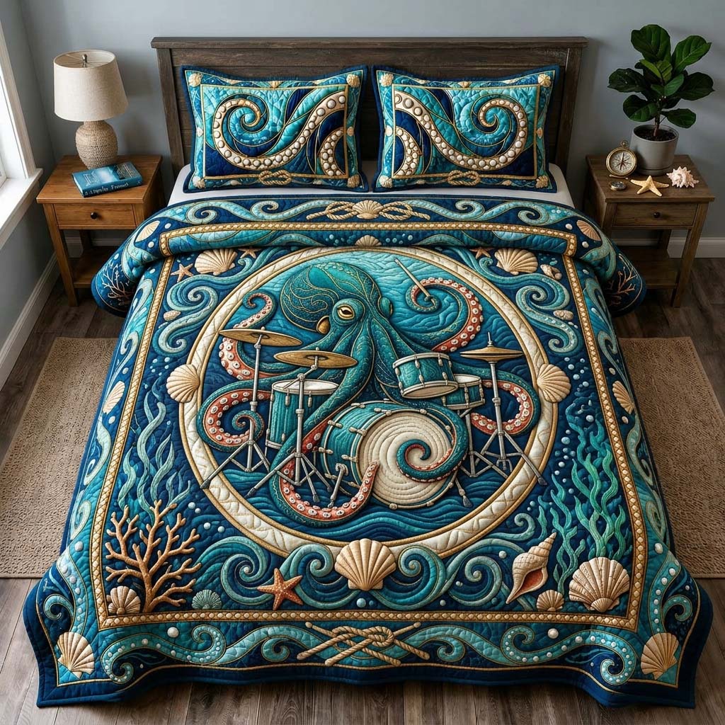 Reef Rhythm Octopus 3-Piece Quilted Bedding Set GDTONTD786