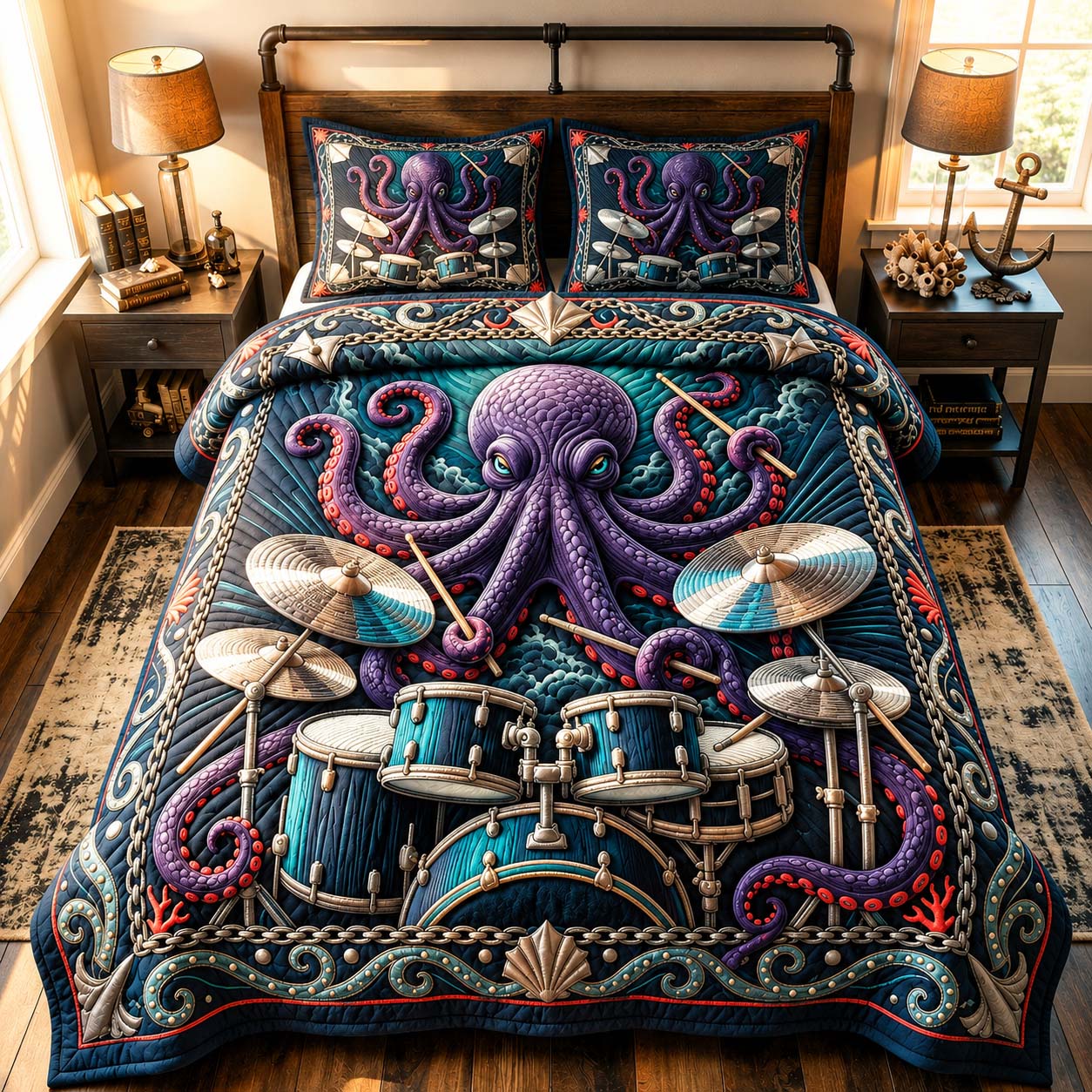 Harbor Drum Octopus 3-Piece Quilted Bedding Set GDTONTD789