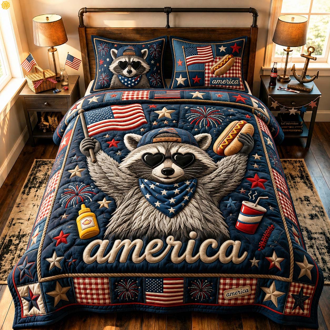 America Raccoon Party 3-Piece Quilted Bedding Set GDTONTD818