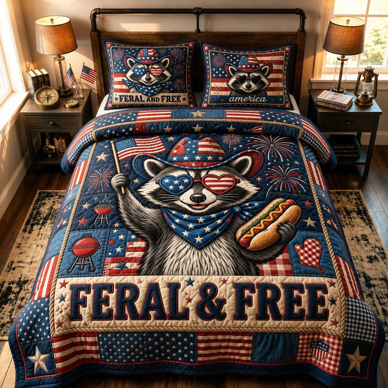 Patriotic Snack Raccoon 3-Piece Quilted Bedding Set GDTONTD820
