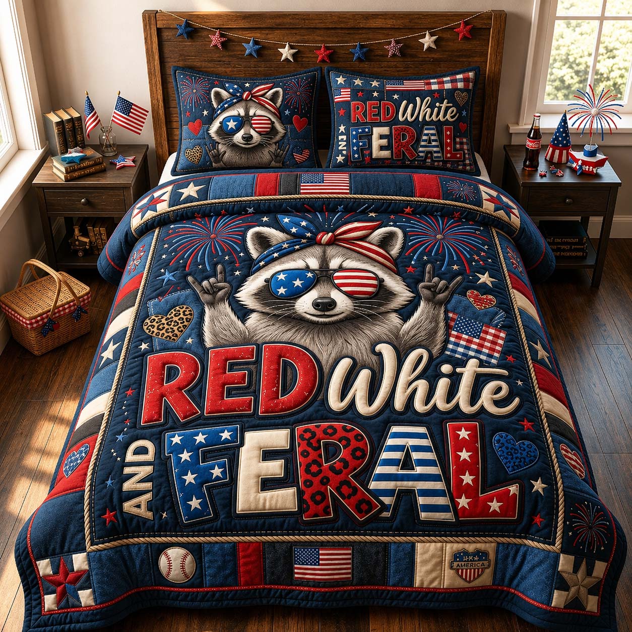 Red White Feral 3-Piece Quilted Bedding Set GDTONTD821