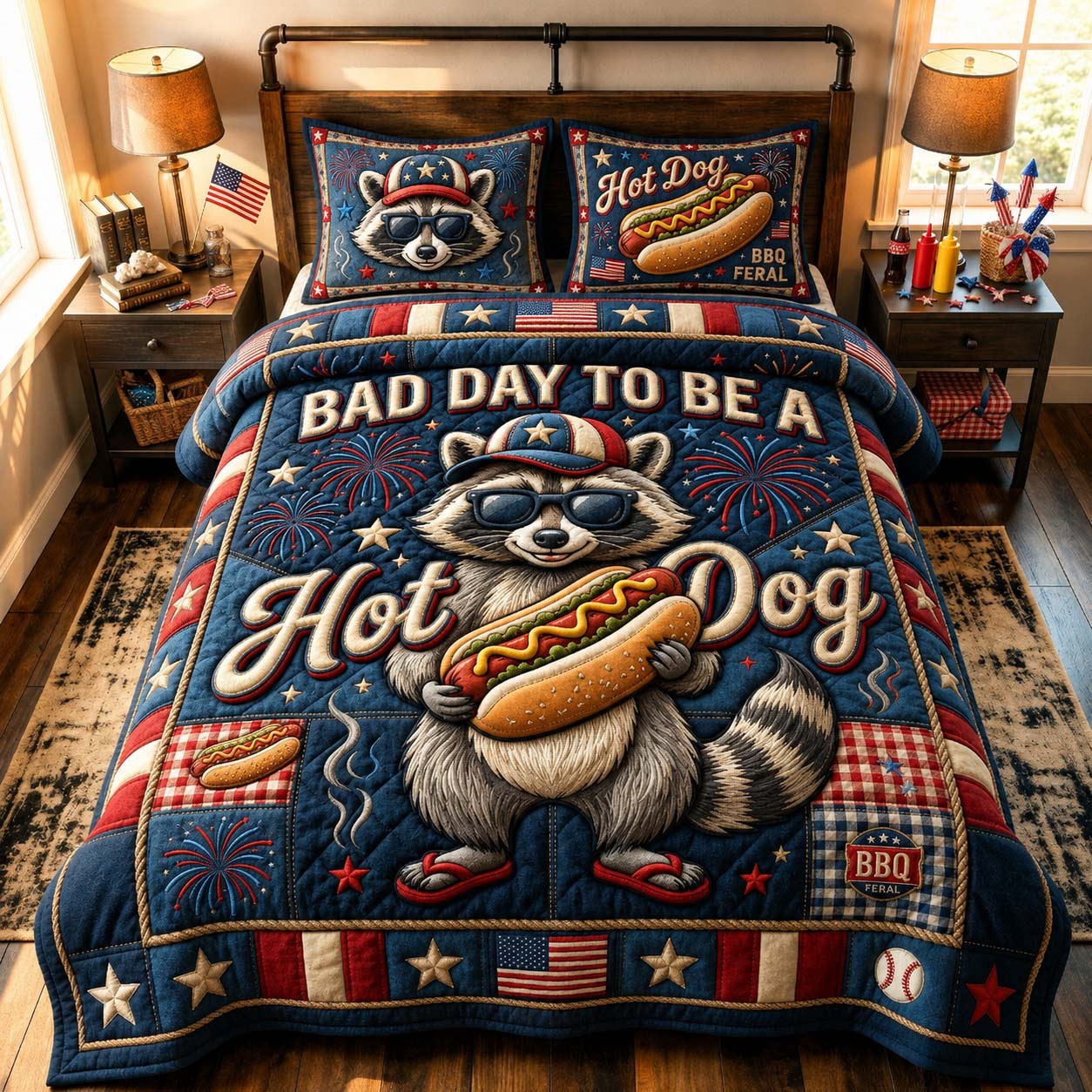 Hot Dog Trouble 3-Piece Quilted Bedding Set GDTONTD822