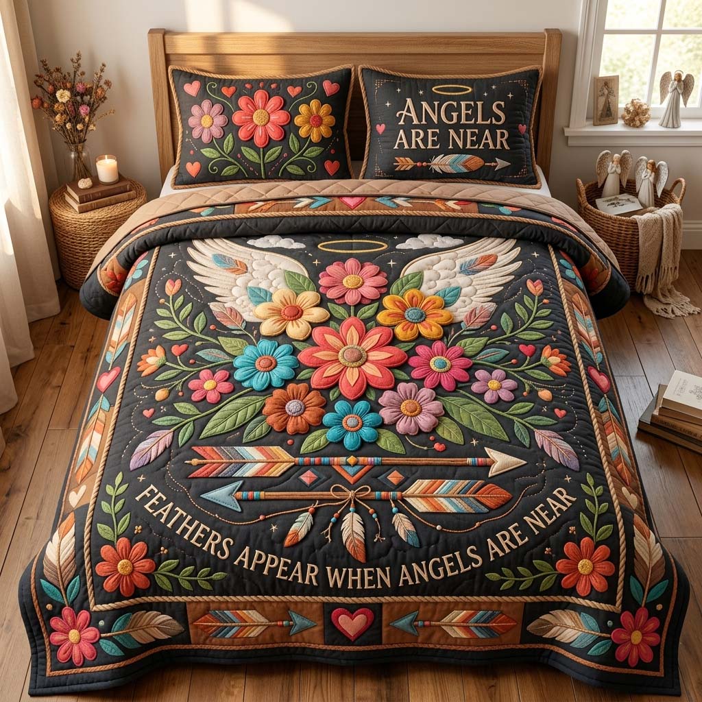 Floral Angel Feathers 3-Piece Quilted Bedding Set GDTONTD867