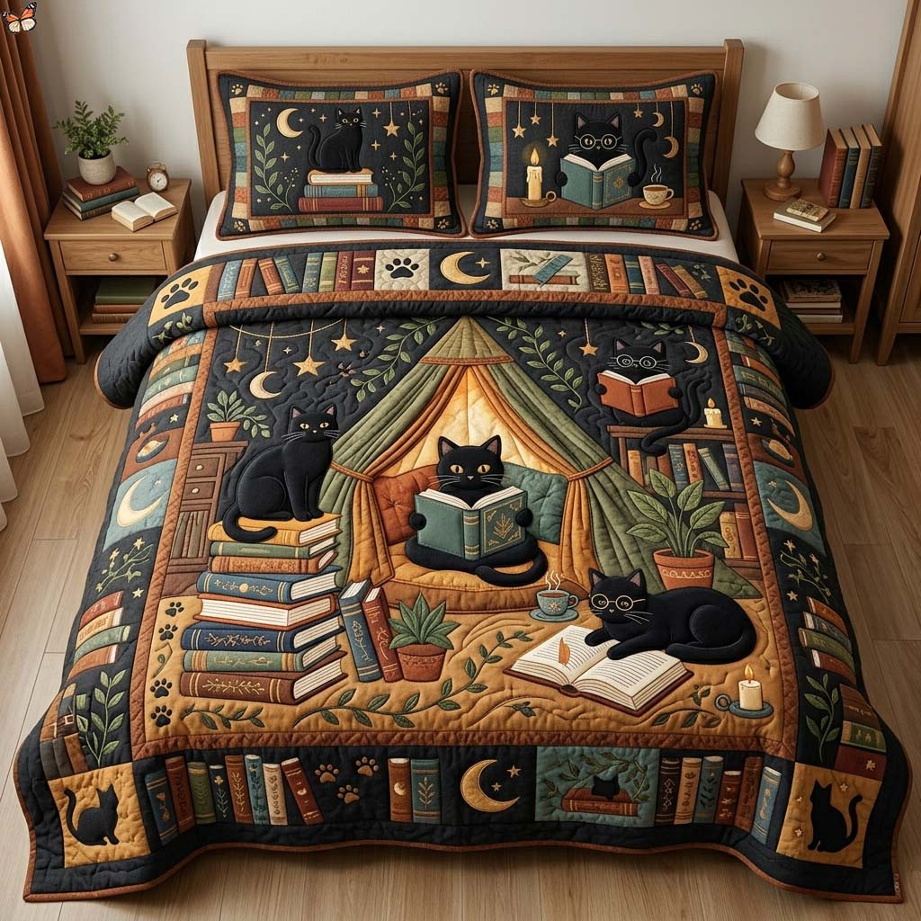 Cozy Black Cat Reading Nook 3-Piece Quilted Bedding Set GDTONTD887