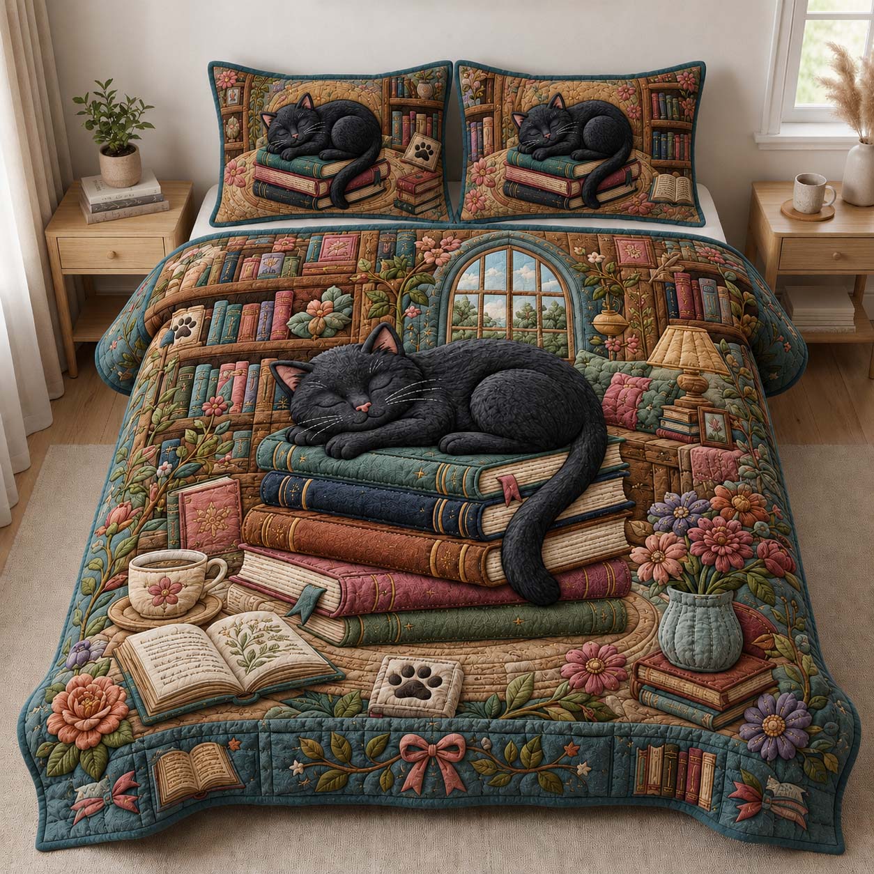 Sleeping Book Stack Cat 3-Piece Quilted Bedding Set GDTONTD889