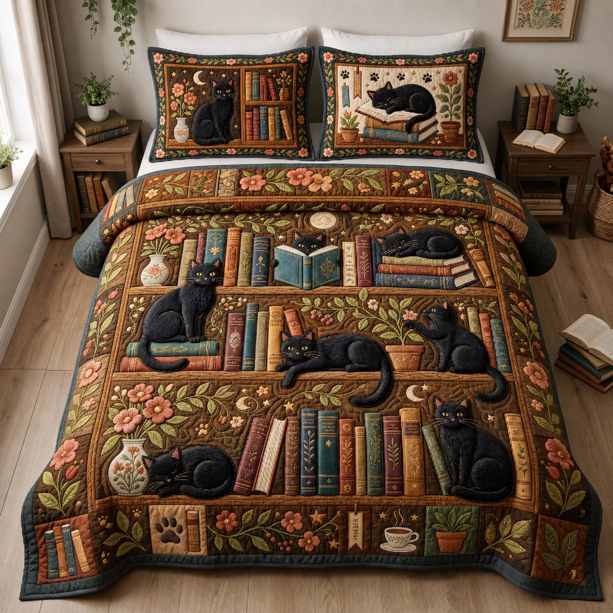 Black Cat Library Garden 3-Piece Quilted Bedding Set GDTONTD890