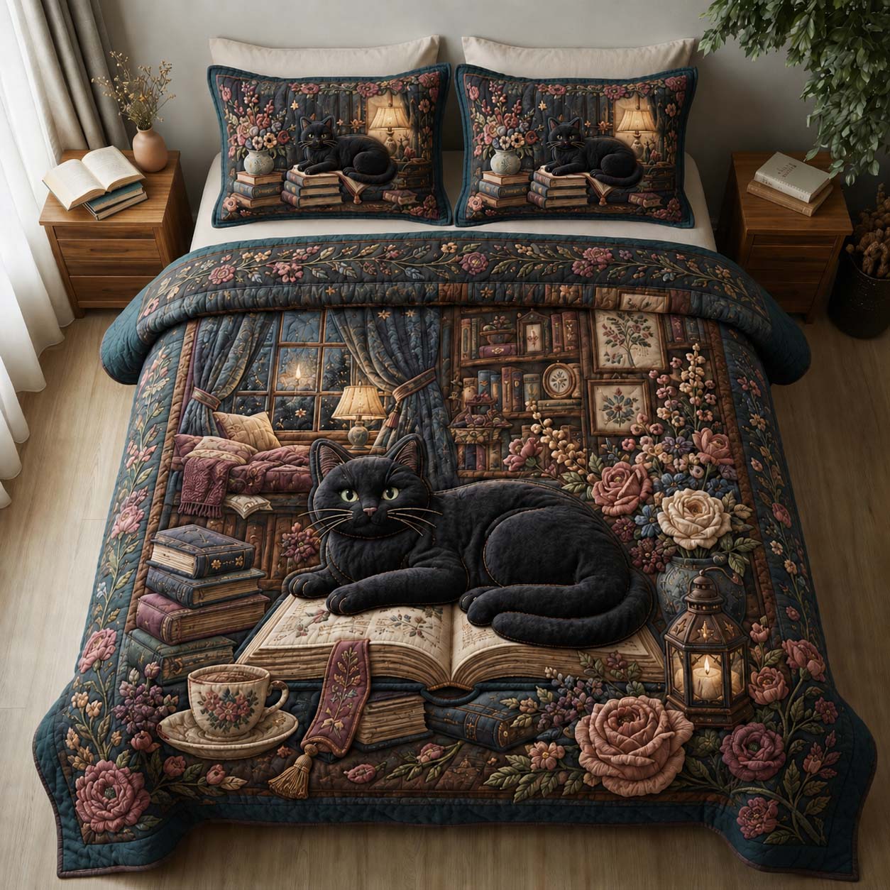 Cozy Midnight Reader Cat 3-Piece Quilted Bedding Set GDTONTD891