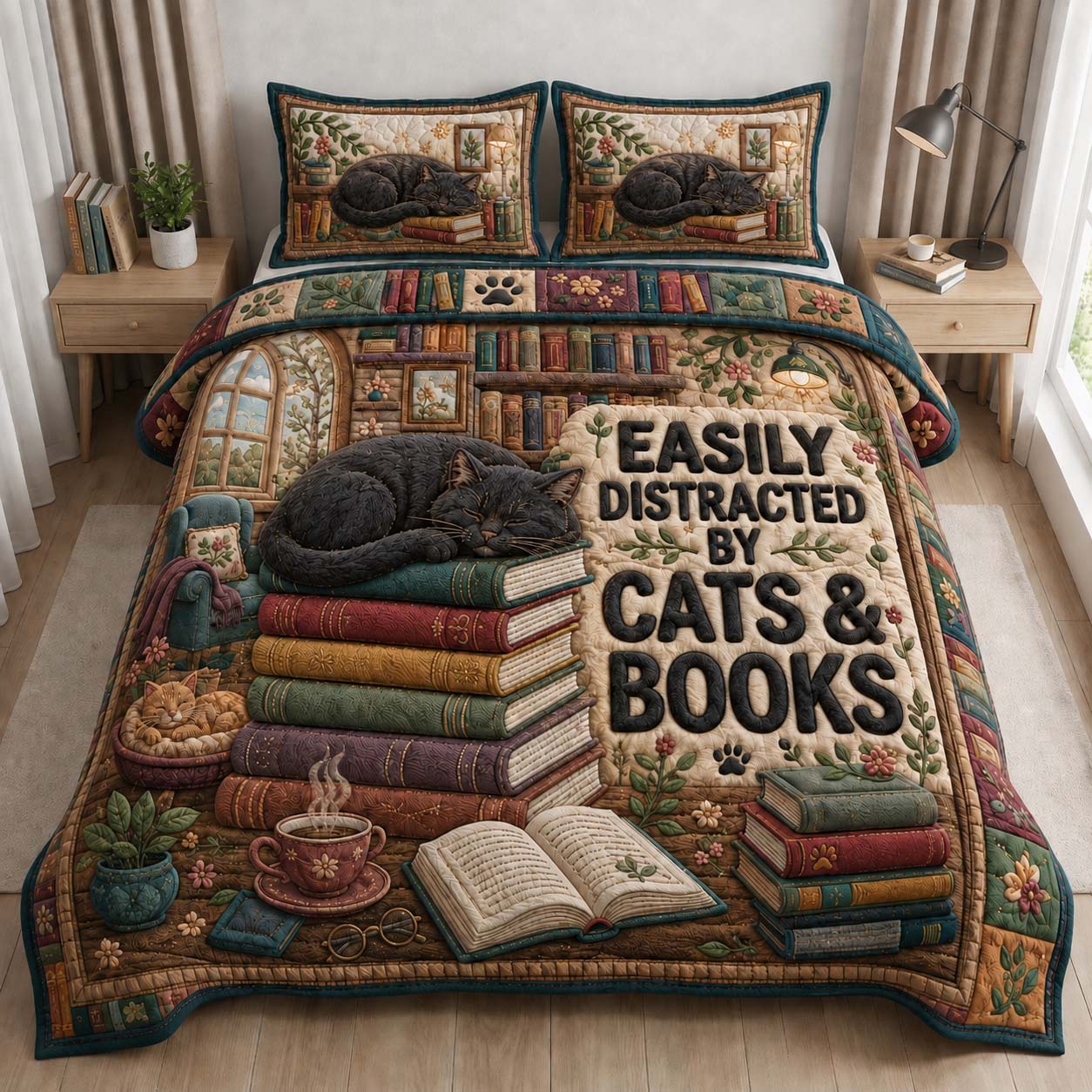 Easily Distracted By Cats & Books 3-Piece Quilted Bedding Set GDTONTD892