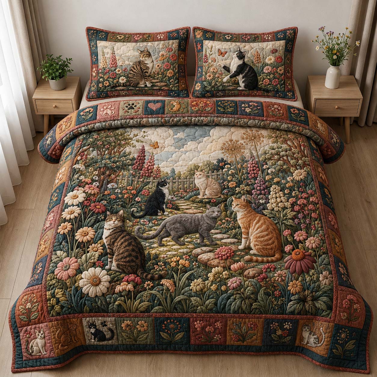 Whimsical Cat Flower Garden 3-Piece Quilted Bedding Set GDTONTD894