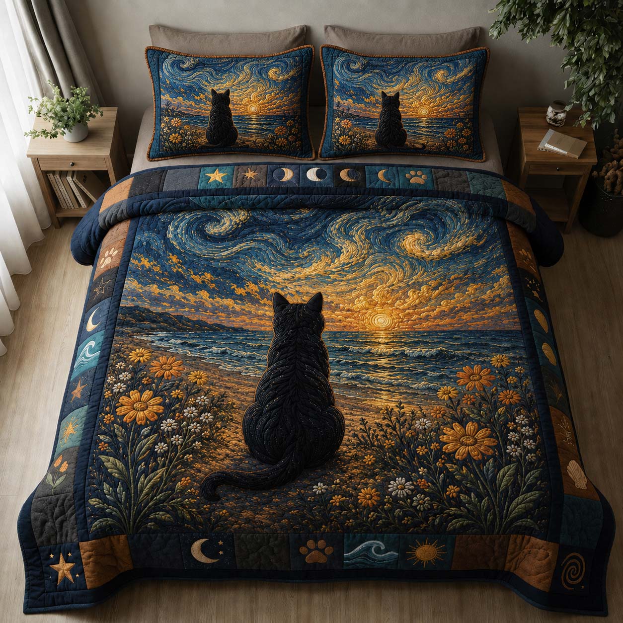 Starry Seaside Black Cat 3-Piece Quilted Bedding Set GDTONTD897