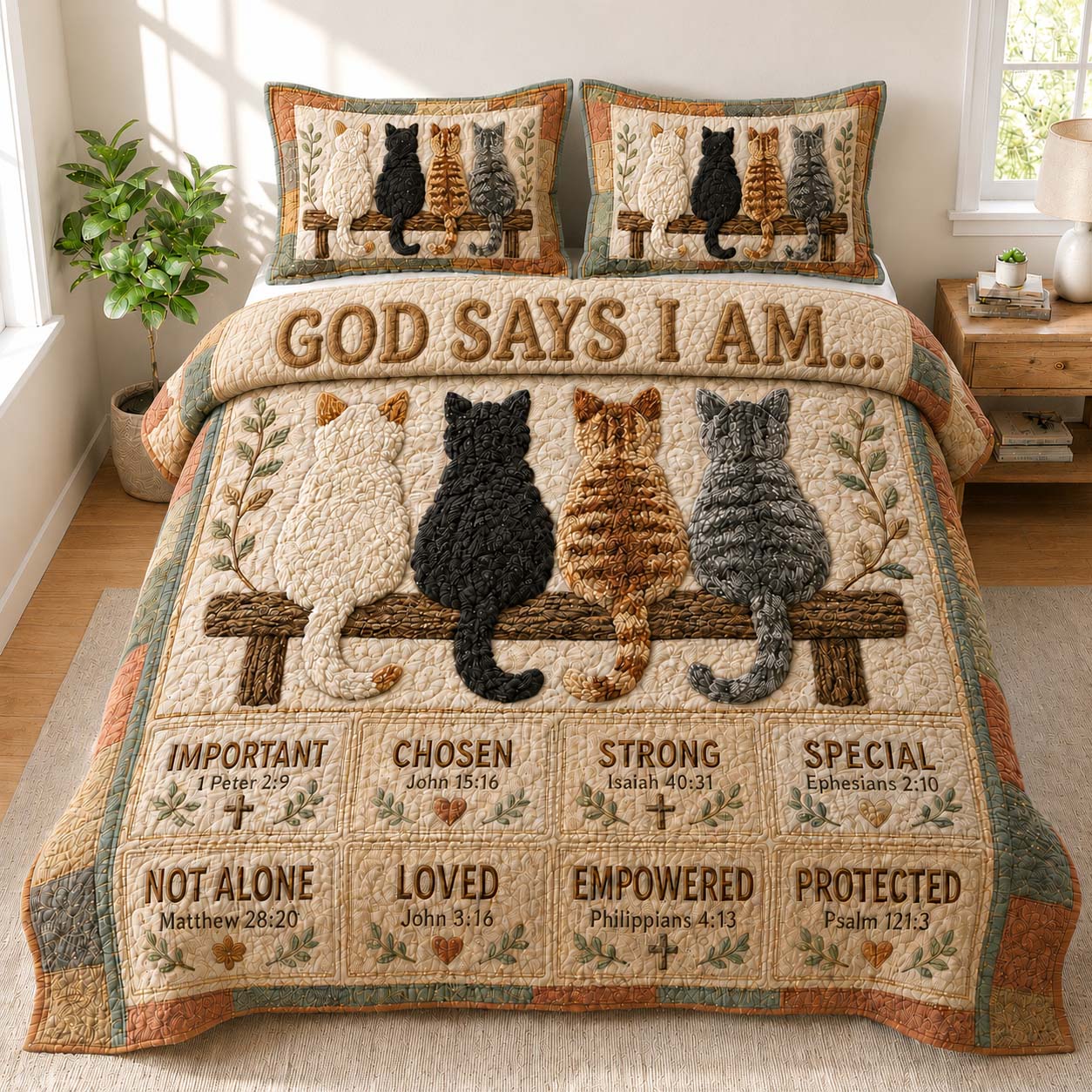 God Says I Am Cat Family 3-Piece Quilted Bedding Set GDTONTD900