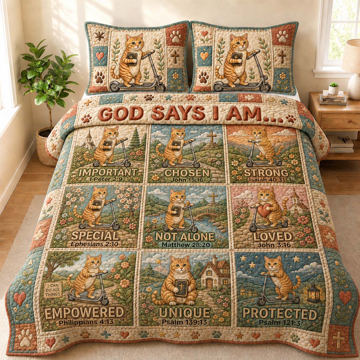 Faith Scooter Cat Affirmations 3-Piece Quilted Bedding Set GDTONTD901