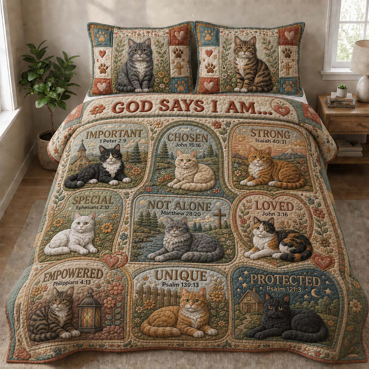 Scripture Cats Affirmation Quilt 3-Piece Quilted Bedding Set GDTONTD902