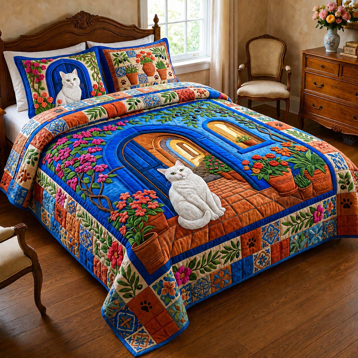 Blue Garden Cat 3-Piece Quilted Bedding Set GDTONTD915