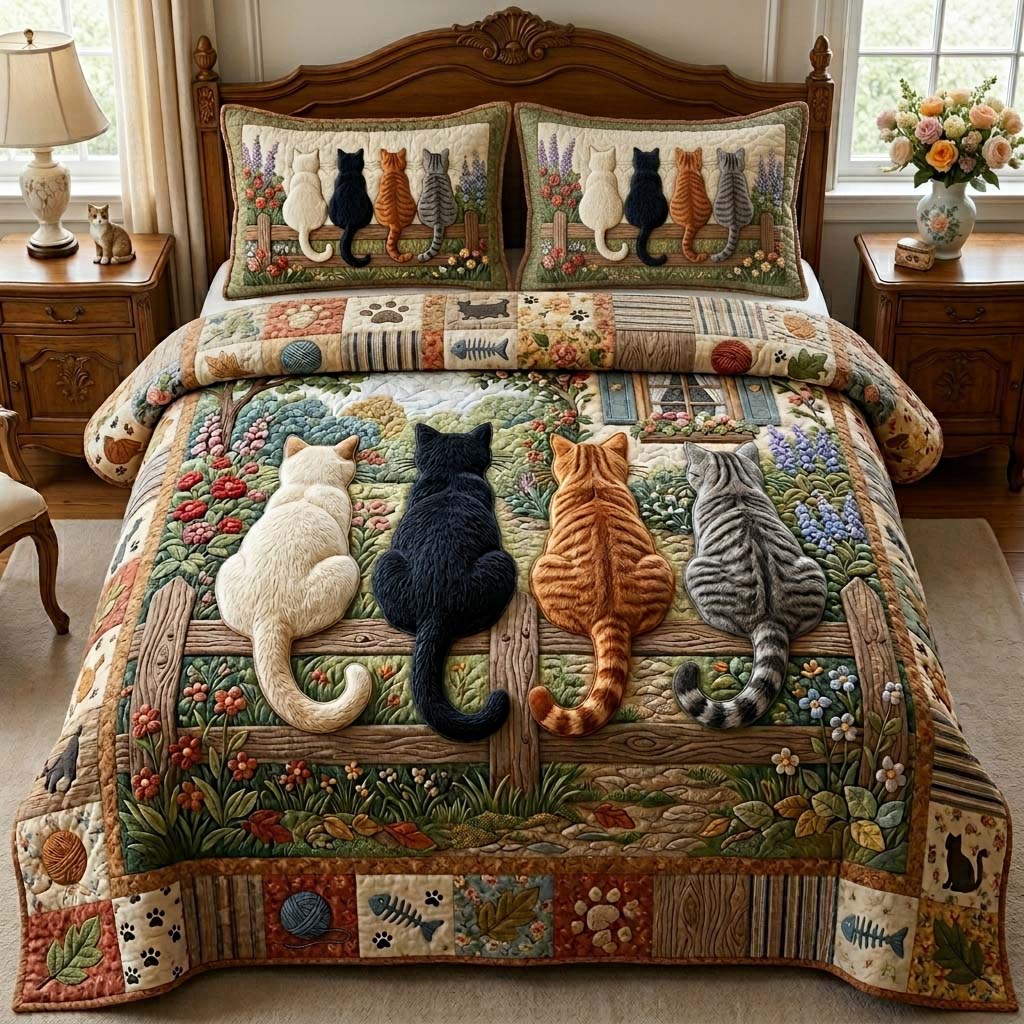 Garden Fence Cats 3-Piece Quilted Bedding Set GDTONTD916