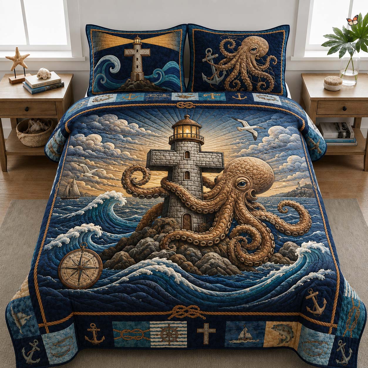 Kraken Lighthouse Faith 3-Piece Quilted Bedding Set GDTONTD918