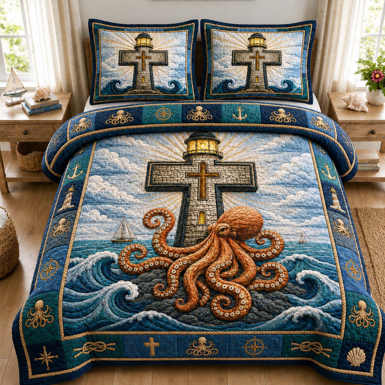 Golden Octopus Beacon 3-Piece Quilted Bedding Set GDTONTD919