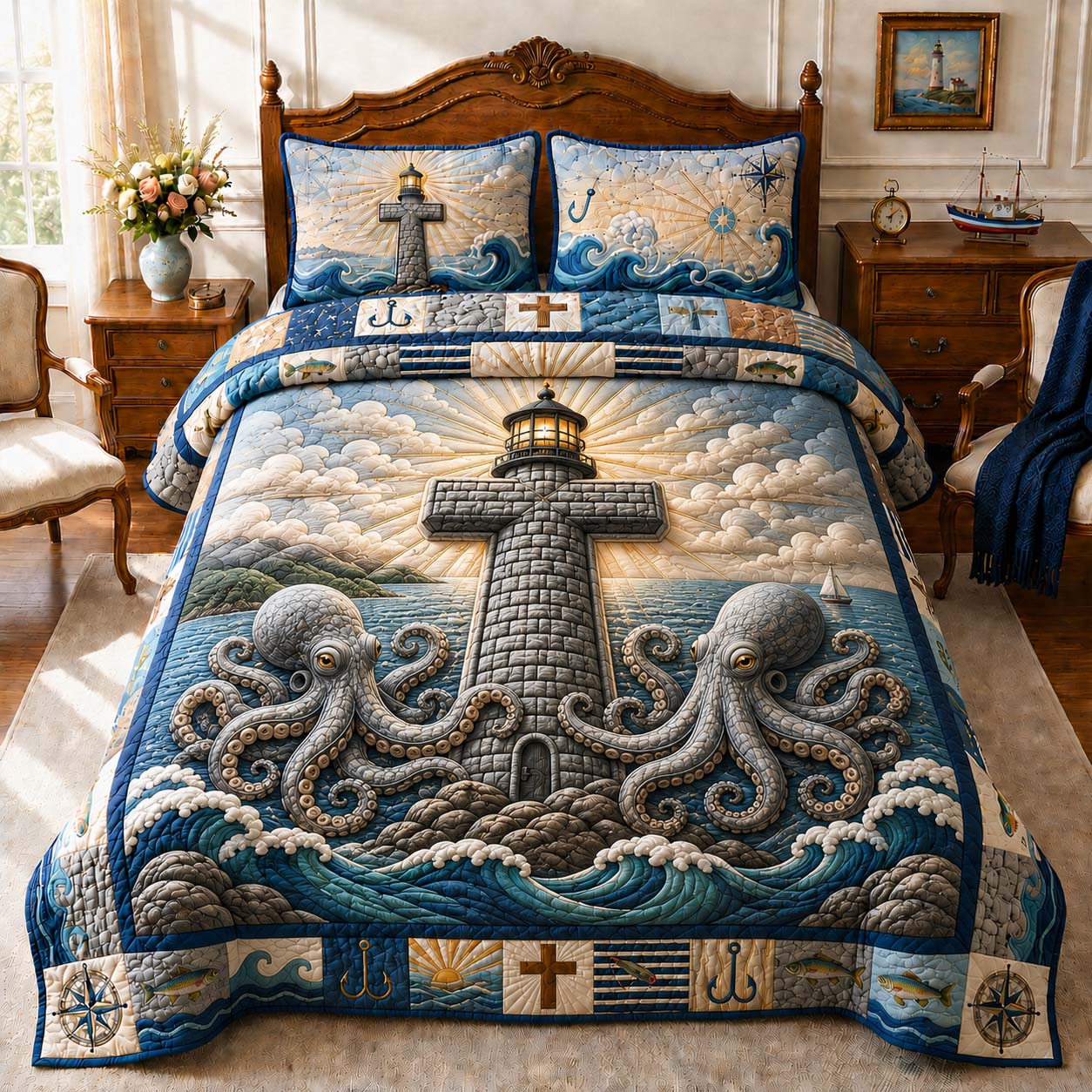 Twin Kraken Lighthouse 3-Piece Quilted Bedding Set GDTONTD920