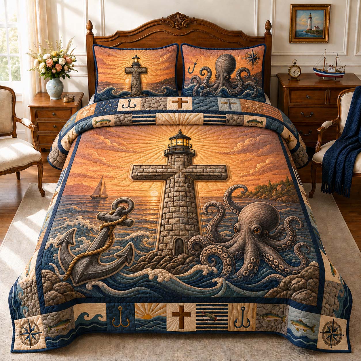Sunset Anchor Beacon 3-Piece Quilted Bedding Set GDTONTD922