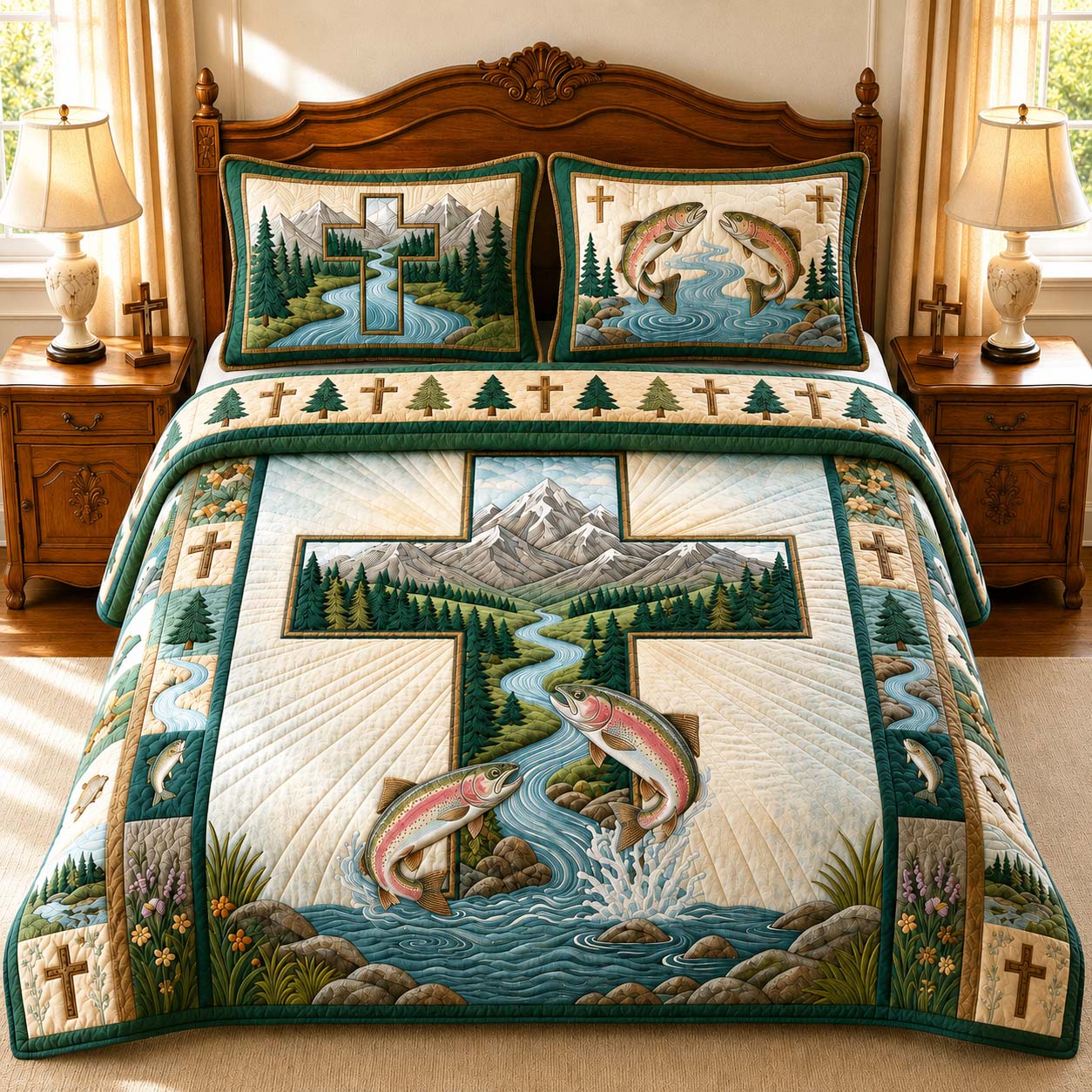 Mountain Cross Fishing 3-Piece Quilted Bedding Set GDTONTD926