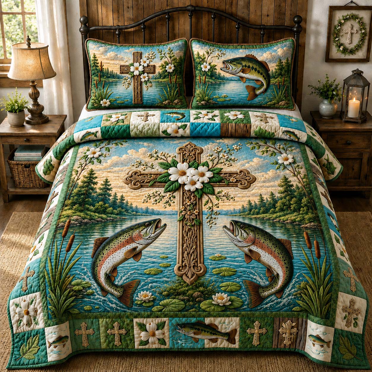 Blessed Bass Cross 3-Piece Quilted Bedding Set GDTONTD927