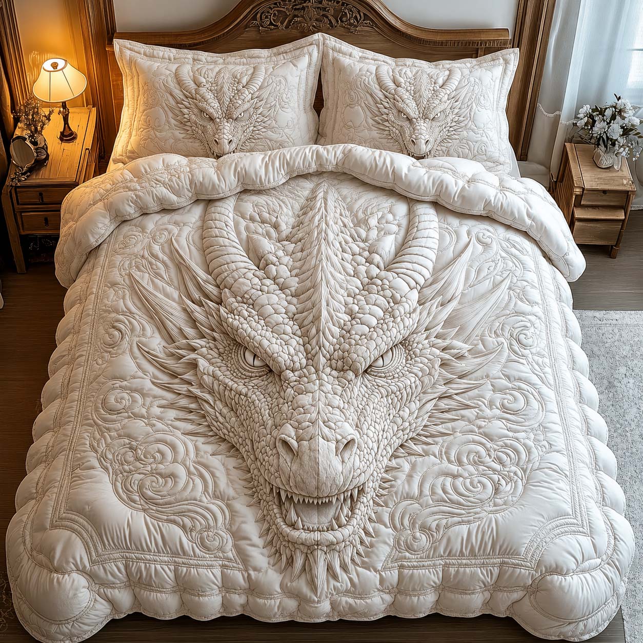 Ivory Dragon Relief 3-Piece Quilted Bedding Set GDTONTD956