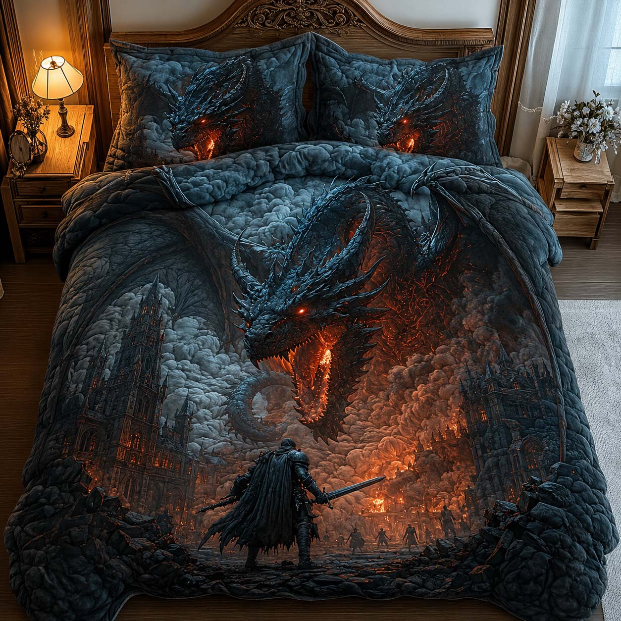 Dark Dragon Battle 3-Piece Quilted Bedding Set GDTONTD957